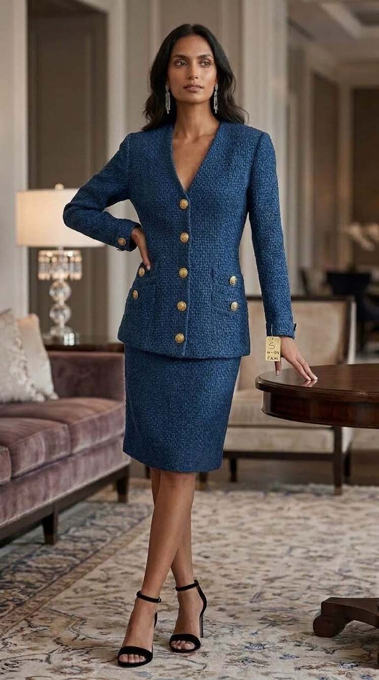 Vintage BonBon Blue Boucle Wool and Gold Chain Two-Piece Jacket and Skirt Suit